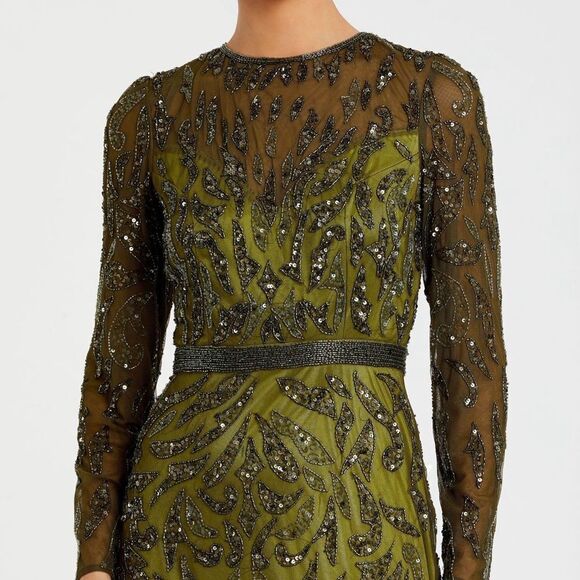 MAC DUGGAL 5124 Green Beaded Long Sleeve Evening Gown Size 6 - Picture 3 of 15